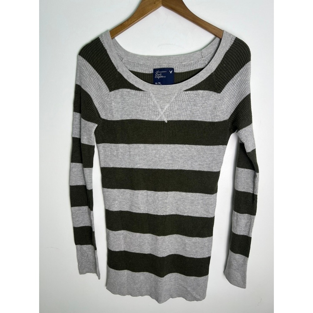 American Eagle Outfitters Striped Thermal Sweater Olive Gray XL Y2K Collegiate